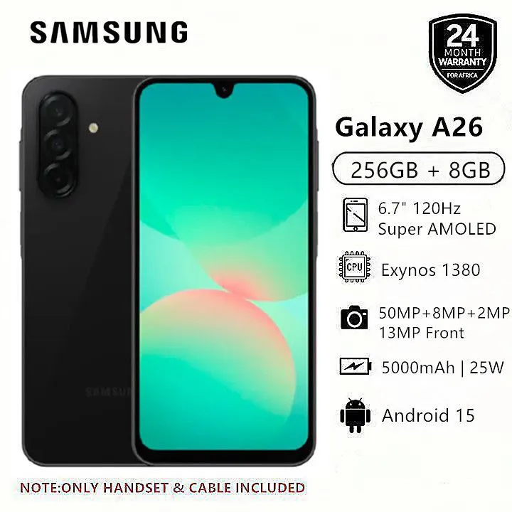 Samsung Galaxy A26 5G 256GB+8GB 6.7" 120Hz AMOLED Display 50MP Triple Camera Android 15 Exynos 1380 (5nm) IP67 Dust Water Resistant 5000mAh 25W Type-C Charge Smart Phones phone